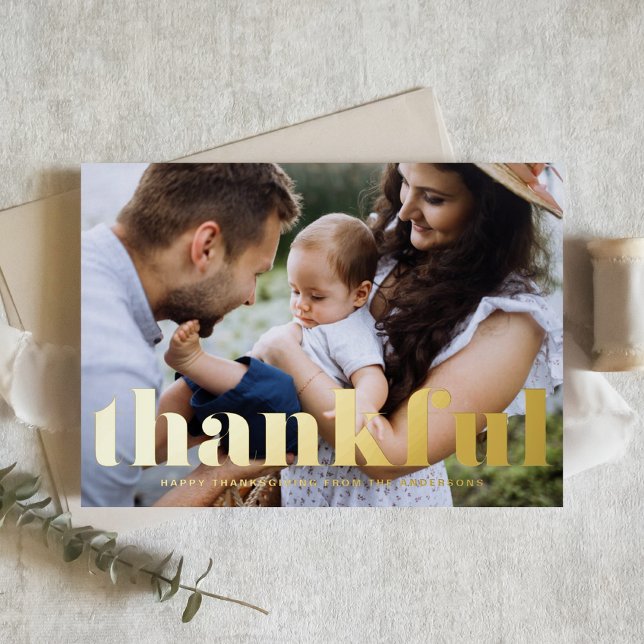 Retro Bold Typography Thankful Happy Thanksgiving Foil Greeting Card (Creator Uploaded)