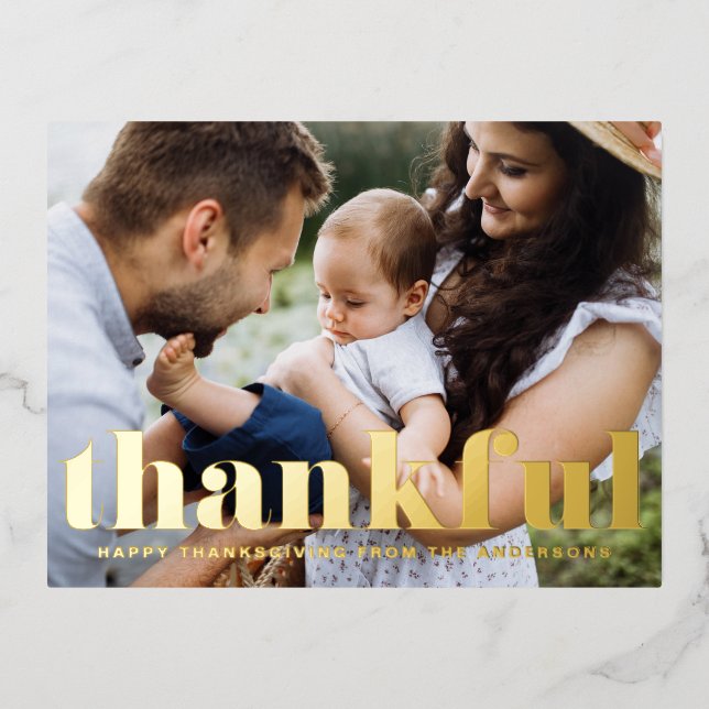 Retro Bold Typography Thankful Happy Thanksgiving Foil Holiday Postcard (Front)