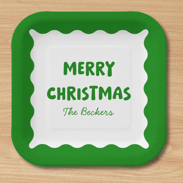 Retro Bold Wavy Green Funky Custom Merry Christmas Paper Plate (Creator Uploaded)