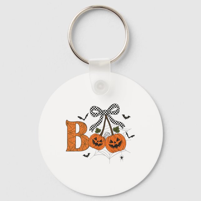 Retro Boo Ghost Pumpkin Cherries Bow Halloween Wom Keychain (Front)