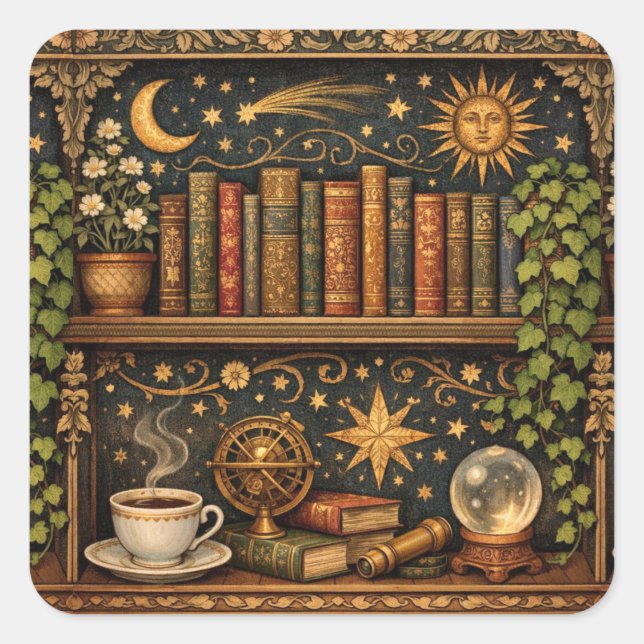 Retro book shelf book lover celestial stars  square sticker (Front)