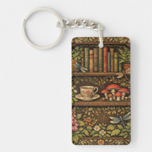 Retro book shelf mushrooms coffee floral  keychain