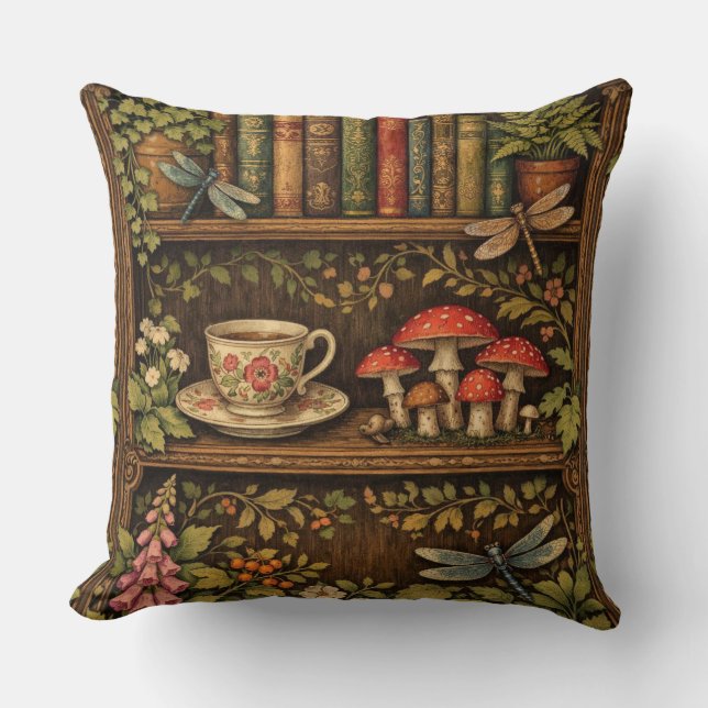 Retro book shelf mushrooms coffee floral  throw pillow (Front)