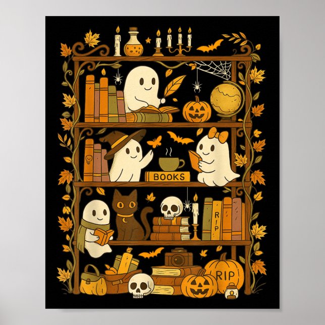 Retro Bookshelf Black Cat Halloween Ghost Reading  Poster (Front)