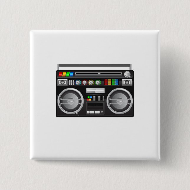 retro boombox ghetto blaster graphic 2 inch square button (Front)