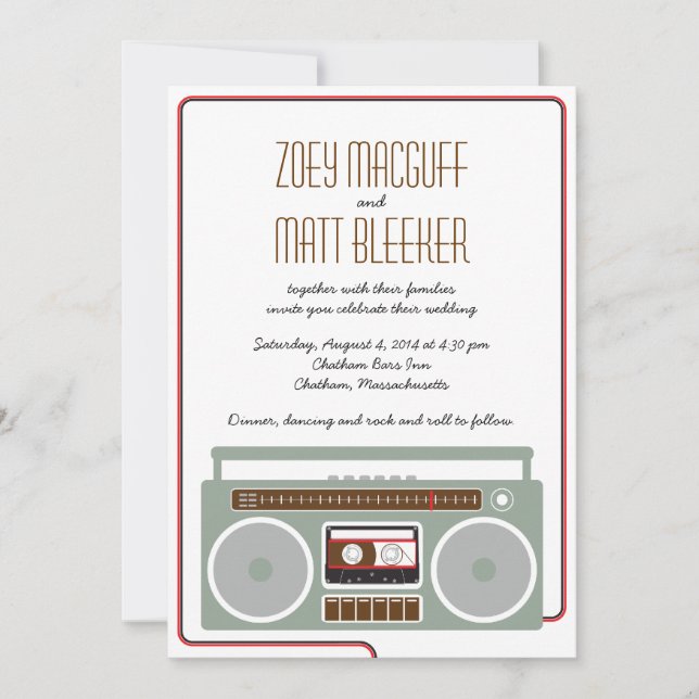 Retro Boombox Indie Mixtape Wedding Red / Black Invitation (Front)