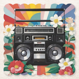 Retro Boombox With Rainbows And Flowers Paper Coaster