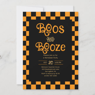 Retro Boos And Booze Halloween Checkered Orange Invitation