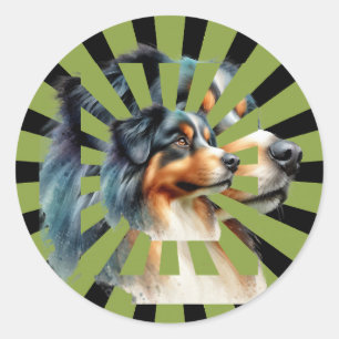 Retro Border Collie Sunburst Graphic design Classic Round Sticker