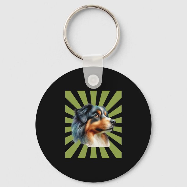 Retro Border Collie Sunburst Graphic design Keychain (Front)