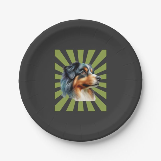 Retro Border Collie Sunburst Graphic design Paper Plate (Front)