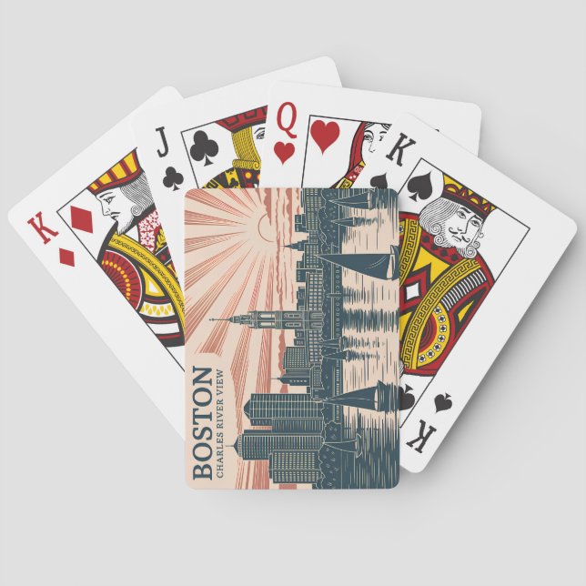 Retro Boston Sailboats Skyline Art Classic Travel Playing Cards (Back)