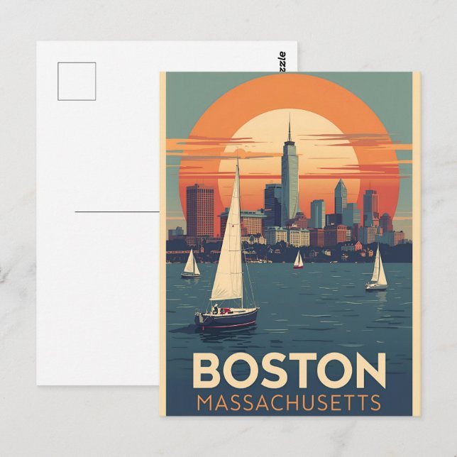 Retro Boston Skyline & Sailboats | Massachusetts Postcard (Front/Back)