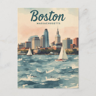 Retro Boston Skyline & Sailboats | Massachusetts Postcard