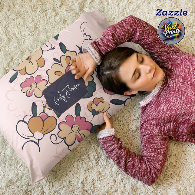 Retro Botanical Custom Name Pink Cream Beige Accent Pillow (Retro Botanical Custom Name Pink Cream Beige Accent Pillow)