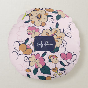 Retro Botanical Custom Name Pink Cream Beige Round Pillow