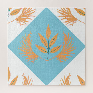 Retro Botanical Geometric Pattern | Orange Floral Jigsaw Puzzle