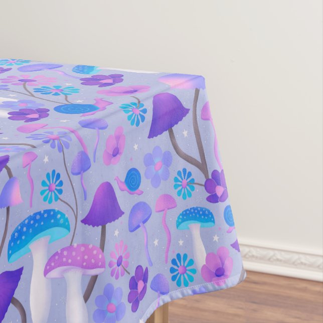 Retro Botanical Mushrooms Flowers Purple Turquoise Tablecloth (In Situ)