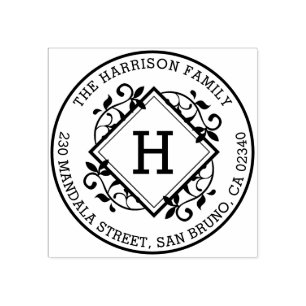 Retro Botanical Round Family Name & Return Address Rubber Stamp