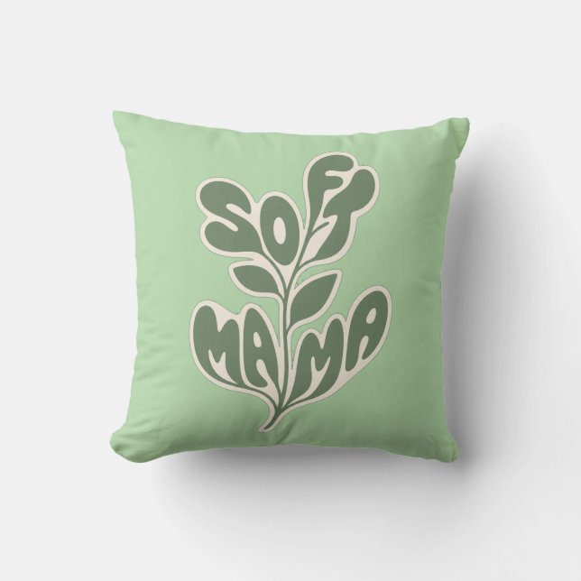 Retro Botanical "Soft Mama" Leaf Typography Design Throw Pillow (Front)
