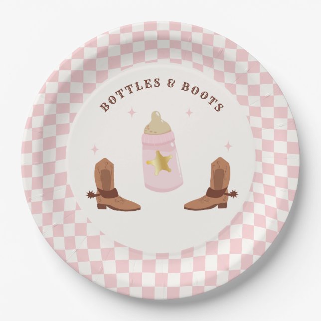 Retro Bottles and Boots Cowgirl Baby Shower Paper Plate (Front)