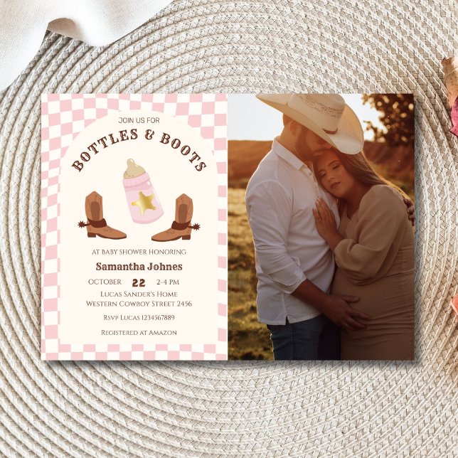 Retro Bottles and Boots Cowgirl Photo Baby Shower  Invitation (Photo Invitation)