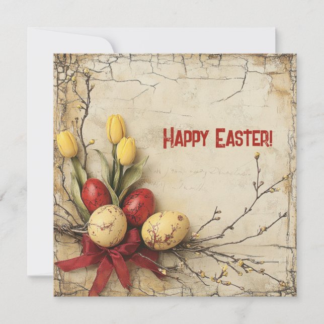 Retro bouquet red and yellow Easer eggs tulips Holiday Card (Front)