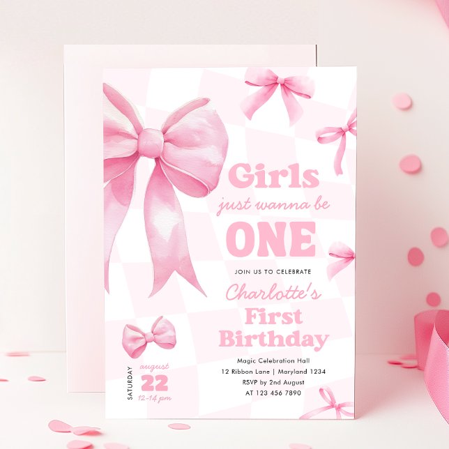 Retro Bow Chequered First Birthday Invitation (Creator Uploaded)