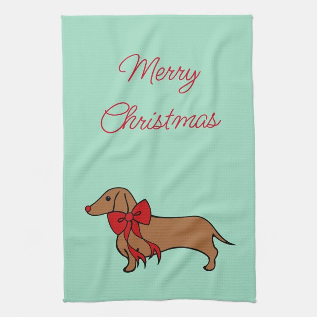 Retro Bow Noël Dachshund Serviette de cuisine Cade (Vertical)