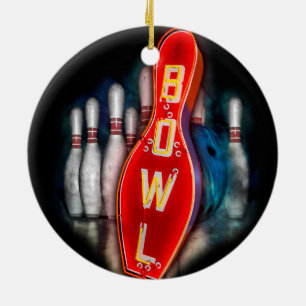 Retro Bowl with bowling pins and ball Ceramic Ornament