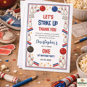 Retro Bowling 1st Birthday – Fun Kids Thank You Card