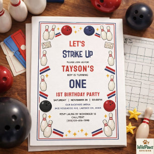 Retro Bowling 1st Birthday Party – Fun Kids  Invitation