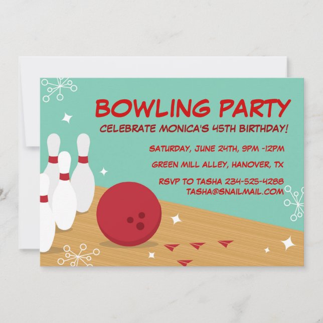 Retro Bowling Birthday Party Invitations (Front)