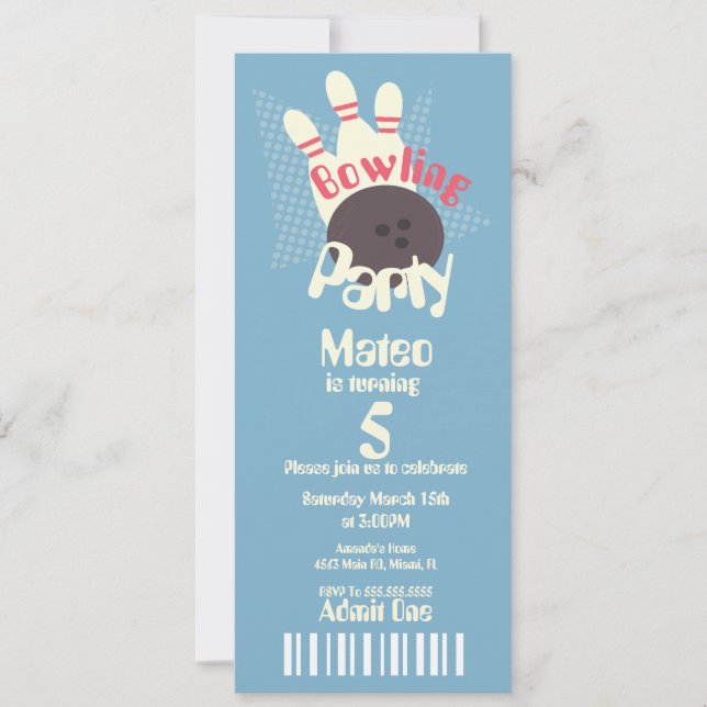 Retro Bowling Blue Birthday Ticket Style  Invitation (Front)