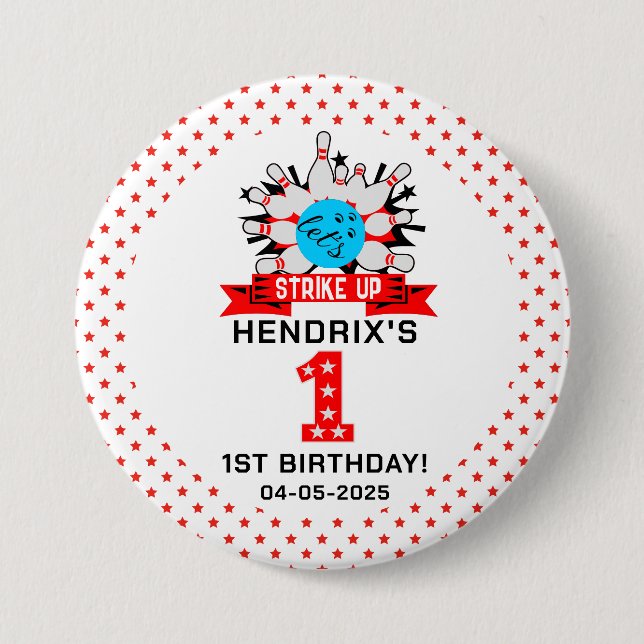 Retro Bowling Kids 1st Birthday Party 3 Inch Round Button (Front)