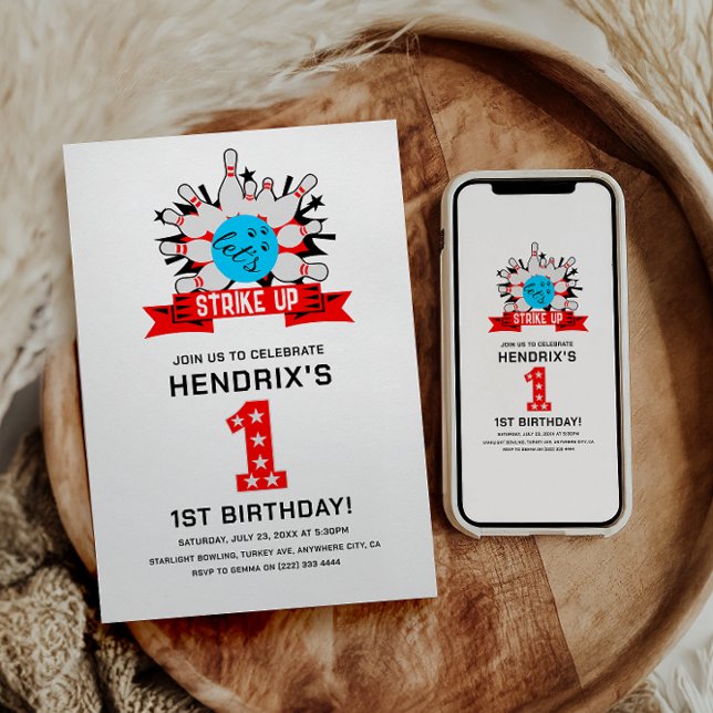 Retro Bowling Kids 1st Birthday Party Invitation (Retro Bowling Kids 1st Birthday Party Invitation)