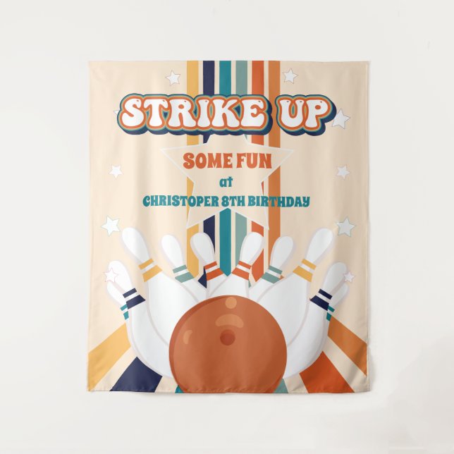 Retro Bowling kids Birthday Party Backdrop Tapestry (Front)