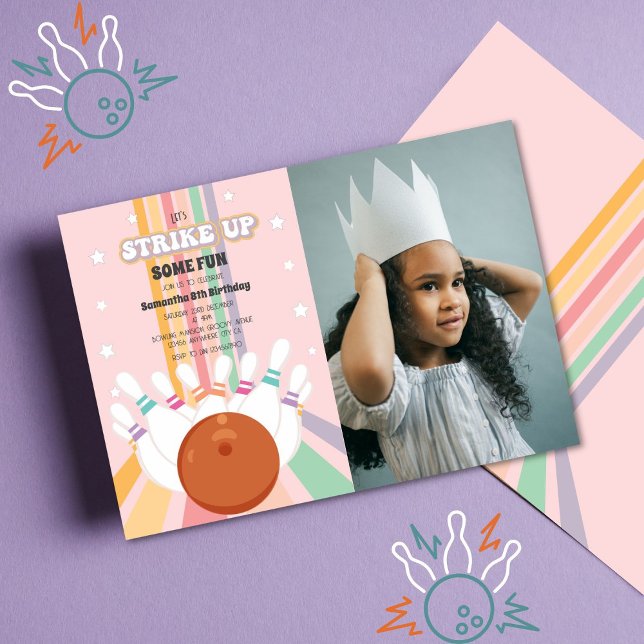 Retro Bowling Kids Birthday Photo Invitation (Creator Uploaded)