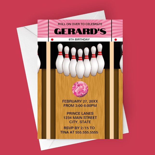 Retro Bowling Lane Birthday Party Invitation (Pink Bowling Alley Birthday Party Invitation)