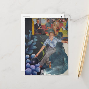 Retro Bowling Man Mixed Media Collage Postcard