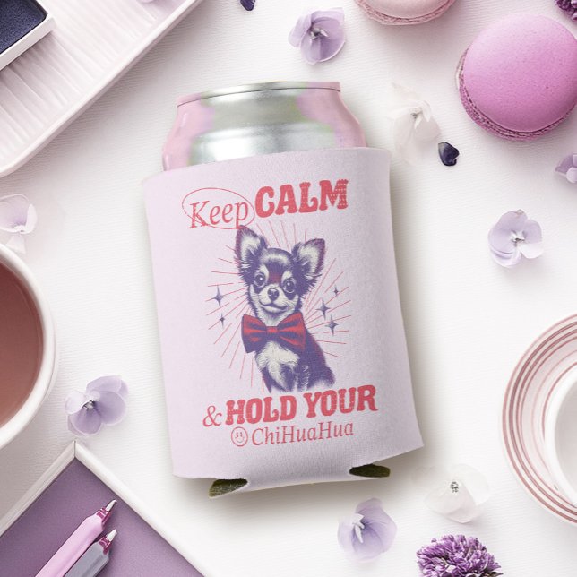 Retro Bowtie Chihuahua Graphic - Keep Calm Quote Can Cooler (This funny design uses retro fonts and vintage-style graphics in bright pink typography.)