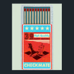 Retro box of matches pop art poster<br><div class="desc">A pop art illustration of a box of matches. This vector illustration has the box open so you can see the safety matches inside. The design has a chess game theme as there is a knight and a bishop. The text reads checkmate.</div>