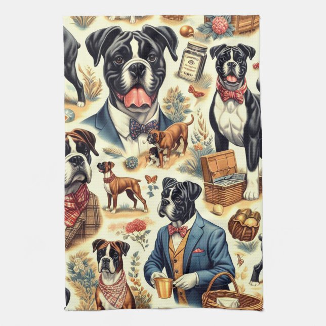 Retro Boxer Dog Illustration Kitchen Towel (Vertical)