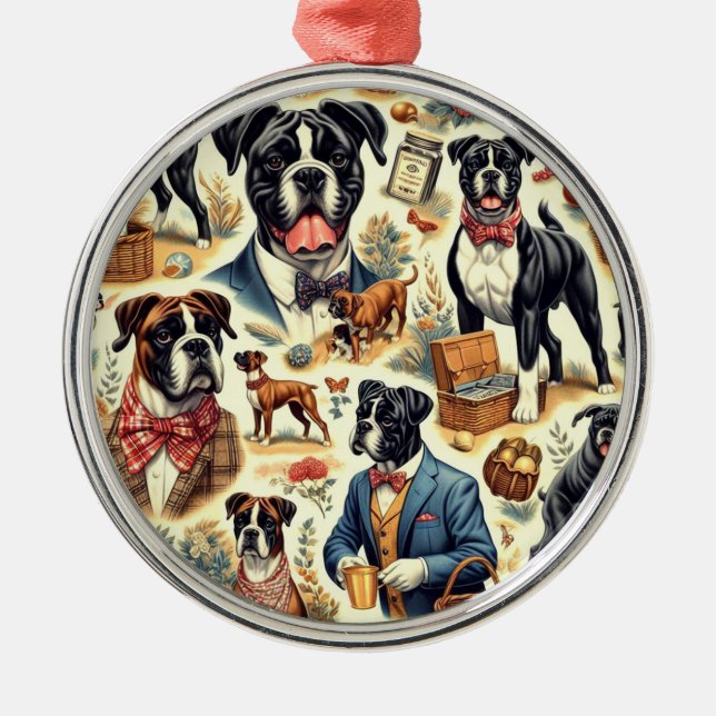 Retro Boxer Dog Illustration Metal Ornament (Front)