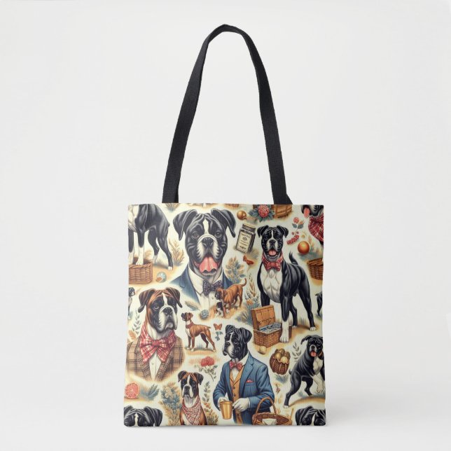 Retro Boxer Dog Illustration Tote Bag (Front)