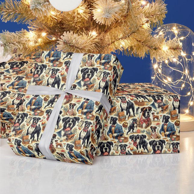 Retro Boxer Dog Illustration Wrapping Paper (Holidays)