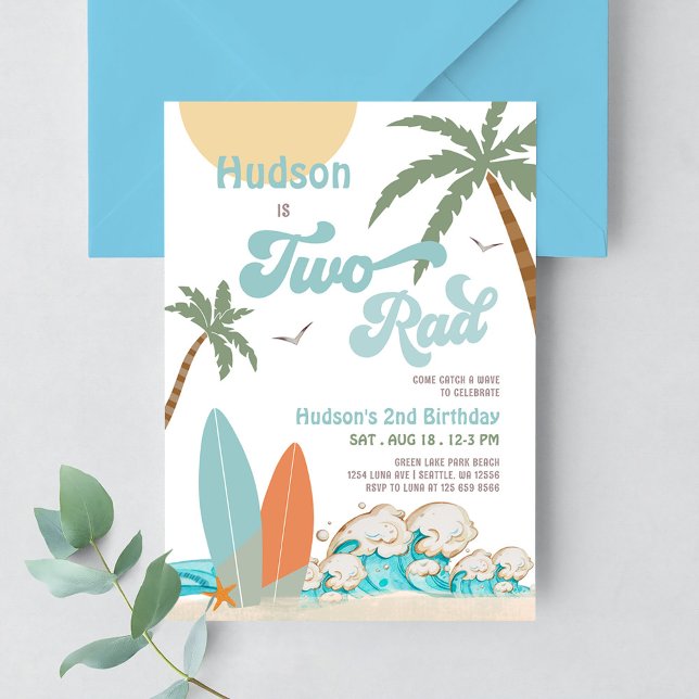 Retro Boy Surf Surfing 2nd Birthday Two Rad Party Invitation (Creator Uploaded)
