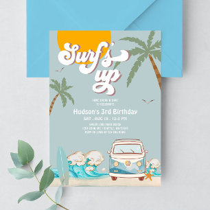 Retro Boy Surf's Up Surfing Birthday Party Invitation