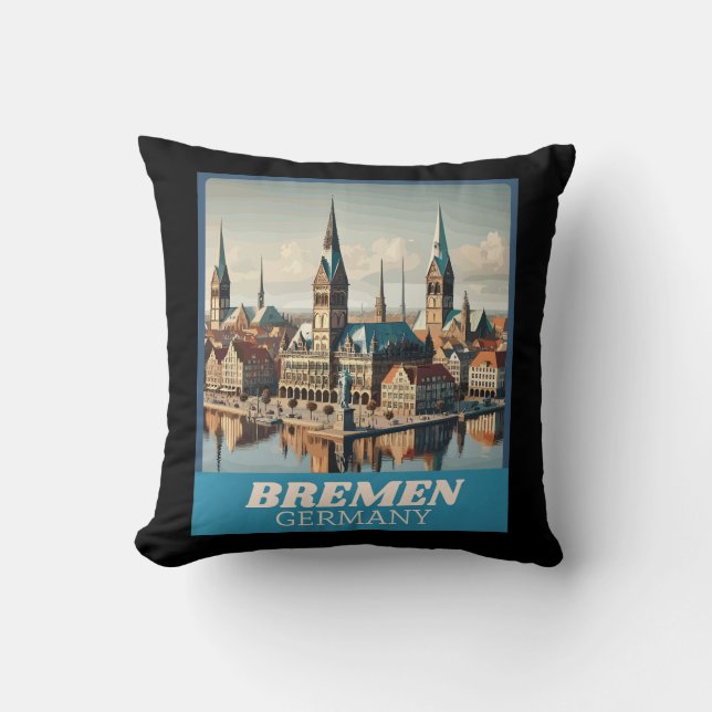 Retro Bremen Skyline  Throw Pillow (Front)