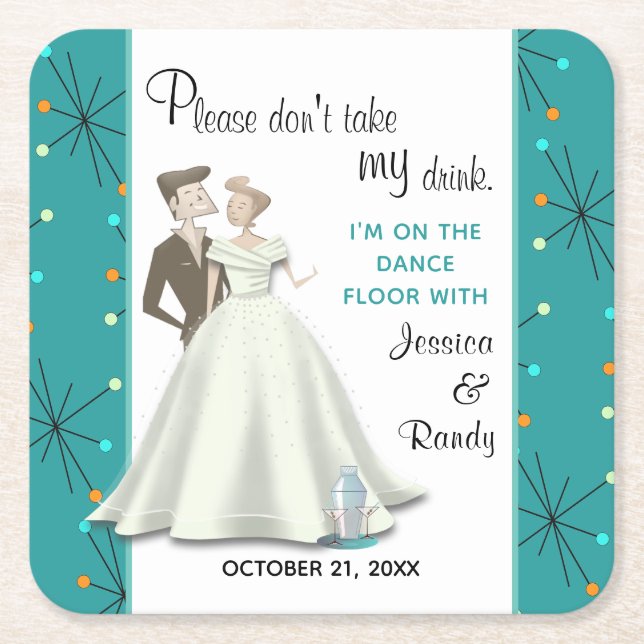 Retro Bride & Groom Save My Drink Paper Coaster (Front)